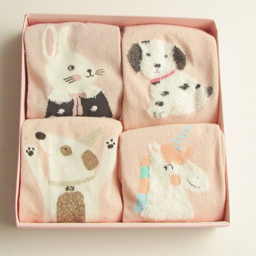 Caramella Boxed Set of 4 Girls Youth Socks Animal Patterns Pink New in Box